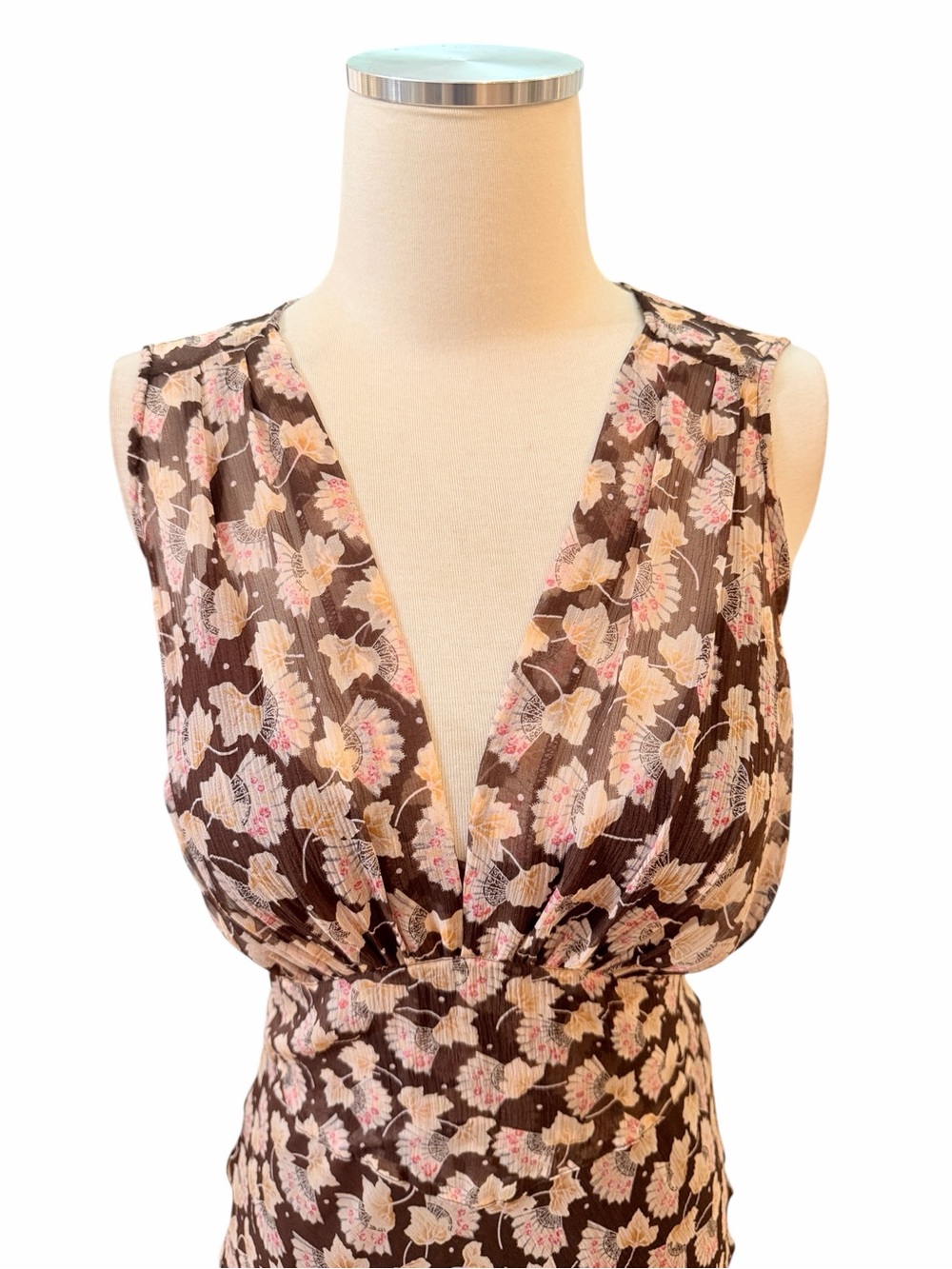 DVF Diane Von Furstenberg 100% Silk Fan Pattern V-Neck Floral Midi Dress Sz 10 - Picture 3 of 13